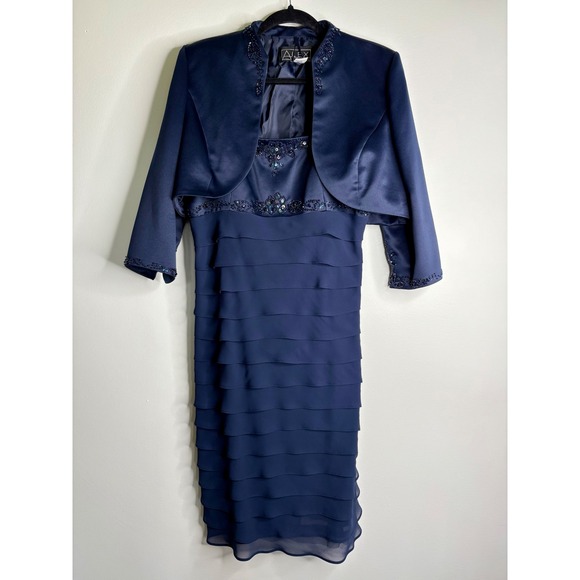 Alex Evenings Beaded Navy Dress & Jacket Set Satin Formal Wedding Size 12  - www.toquedesaborminas.com.br